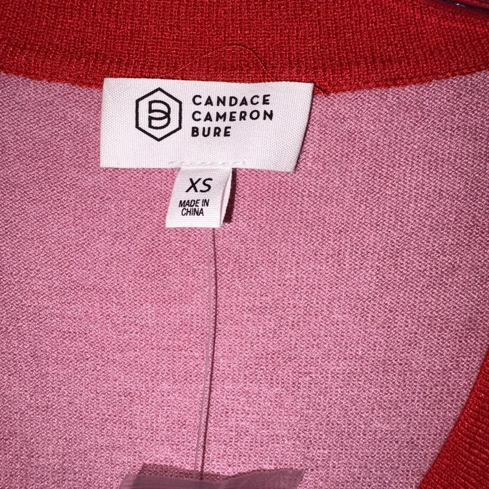 Candace Cameron Bure Pink Red V Neck‎ Button Up Cardigan Sweater XS Ruffle Cuff